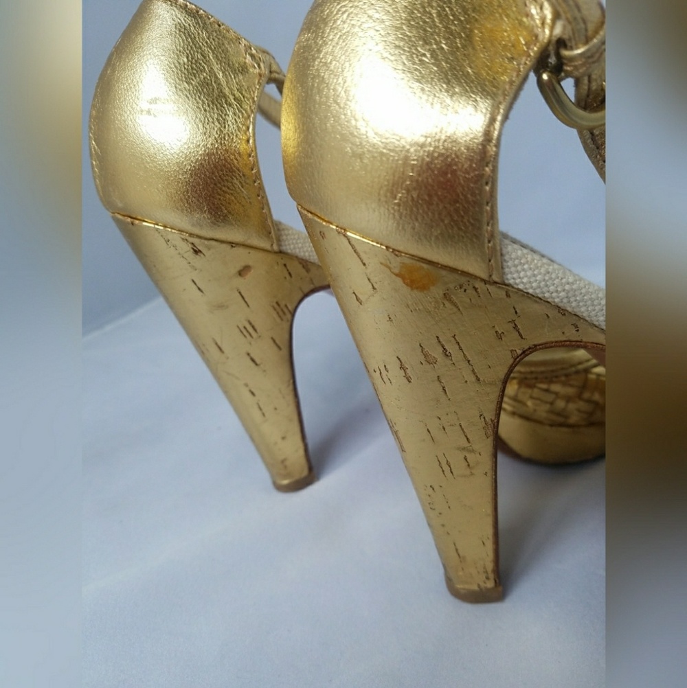 Coach Gold Metallic Peep-Toe Ankle-Strap Heels with Turn-Lock - Picture 7 of 8
